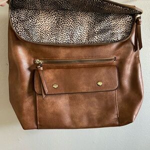Brown Leather Backpack with Animal Print Flap